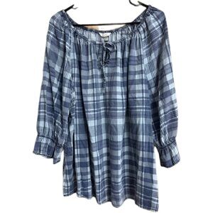 CATO Women Off The Shoulder Blouse Blue Plaid 3/4 Sleeve Keyhole Tie Neck